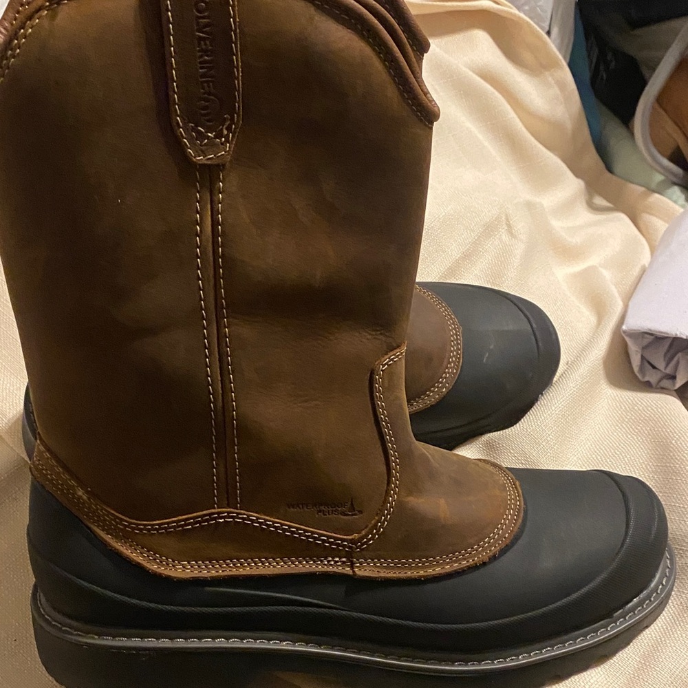 Wolverine Brown Leather and Black Rubber Boots steel toe slip oil and waterproof
